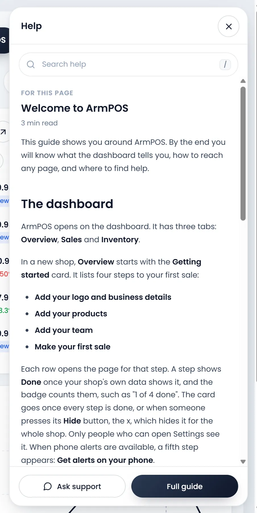 The Help panel open beside the dashboard, showing this guide under "For this page", with Ask support and Full guide at its foot.