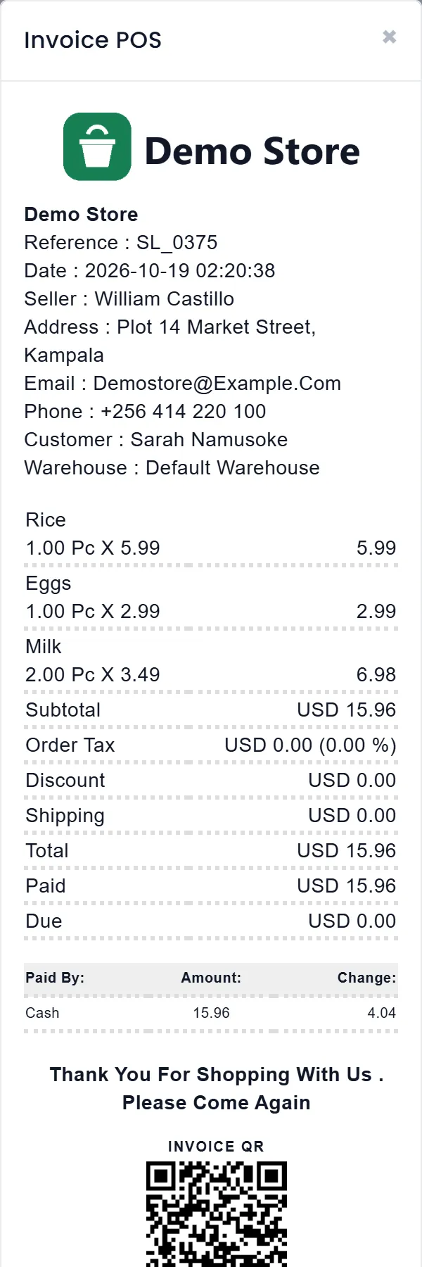 The receipt for sale SL_0375: the shop's logo and details, Rice, Eggs and two Milk, a total of USD 15.96 paid in cash with 4.04 change, and an invoice QR code.