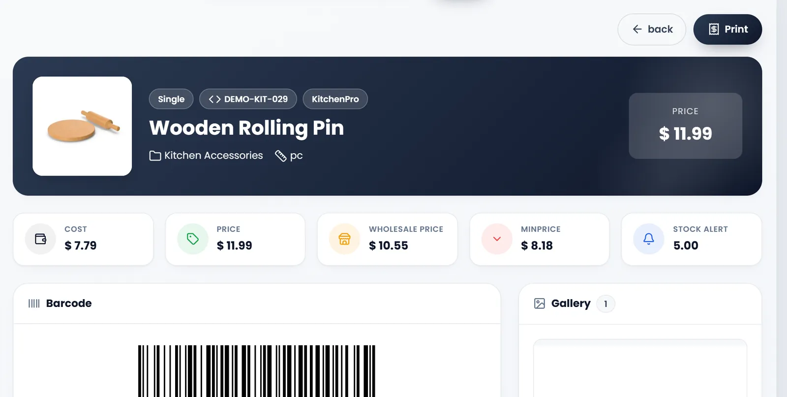 A product page for Wooden Rolling Pin: Single, its code DEMO-KIT-029, brand KitchenPro, category Kitchen Accessories, a price of $ 11.99, and cards for cost, price, wholesale price, minimum price and stock alert.