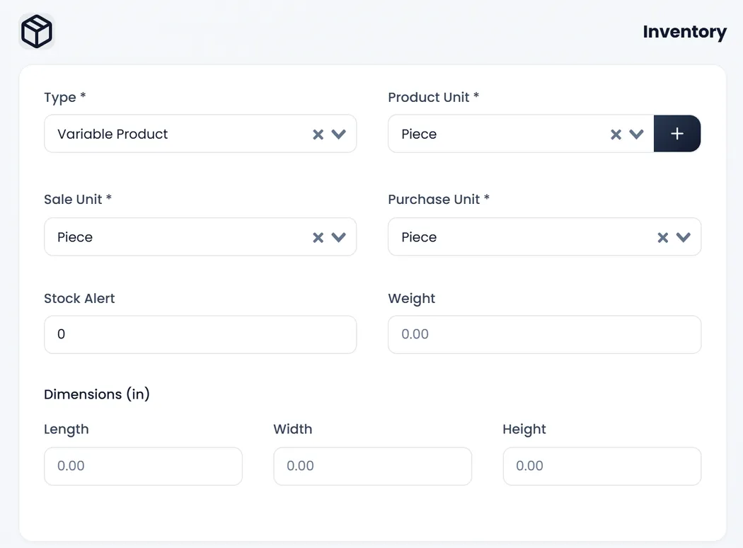 Inventory with Type Variable Product, Product Unit Piece, Sale Unit Piece and Purchase Unit Piece.