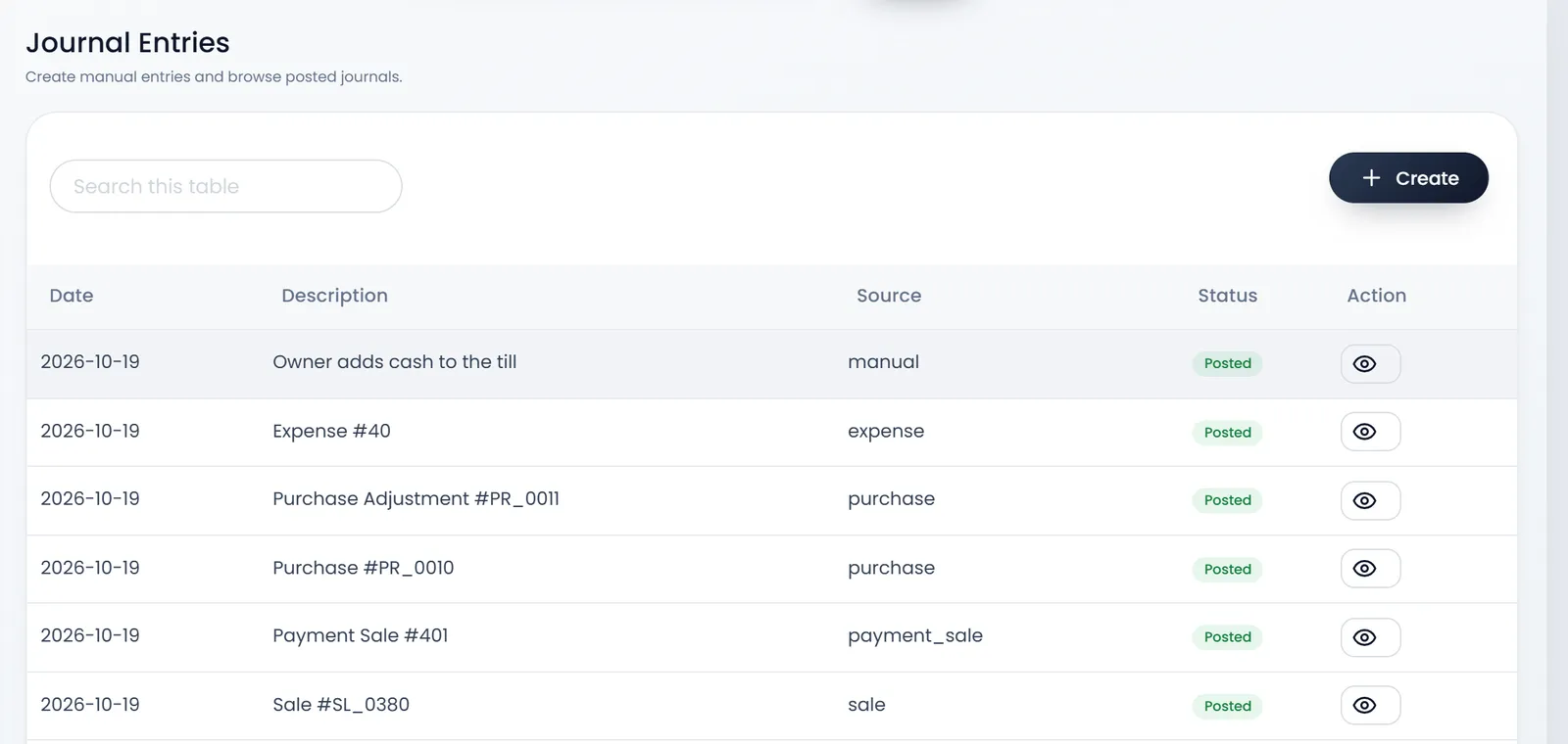Journal Entries: Date, Description, Source, Status and Action, with "Owner adds cash to the till", manual, Posted, above the automatic entries such as Expense #40, Purchase #PR_0010 and Sale #SL_0380.