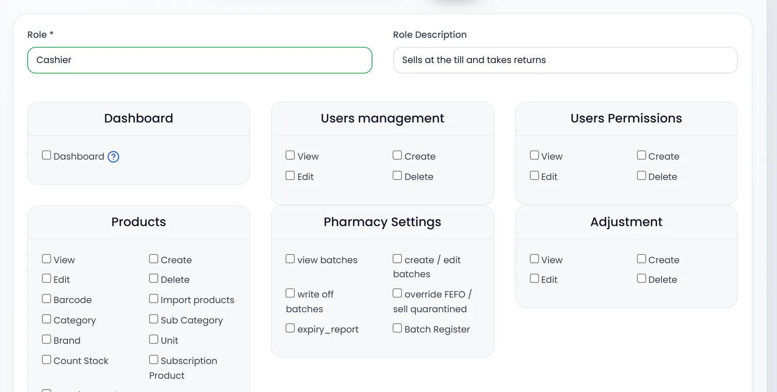Create Permission: Role set to Cashier and Role Description "Sells at the till and takes returns", above the first panels: Dashboard, Users management, Users Permissions, Products, Pharmacy Settings and Adjustment.