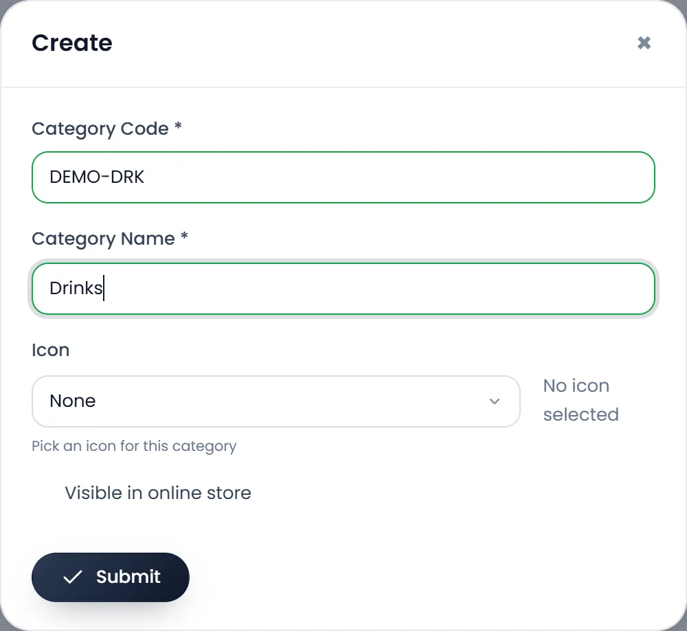 The Create window for a category: Category Code DEMO-DRK, Category Name Drinks, Icon set to None, the Visible in online store setting, and Submit.