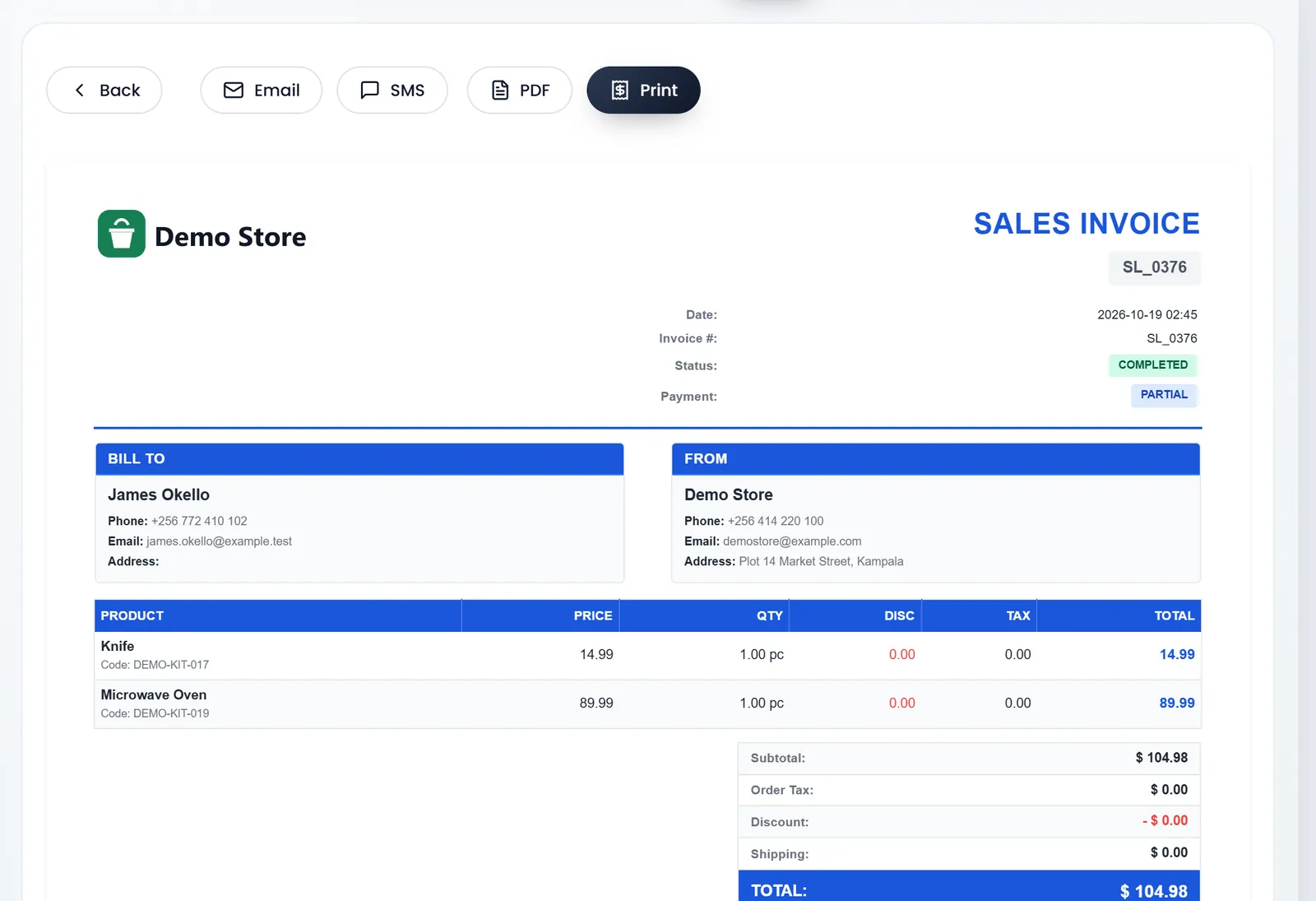The Sale Detail page of SL_0376: the invoice with Bill To James Okello, From Demo Store, Knife and Microwave Oven, a total of $ 104.98, Paid Amount $ 104.98 and Amount Due $ 0.00.