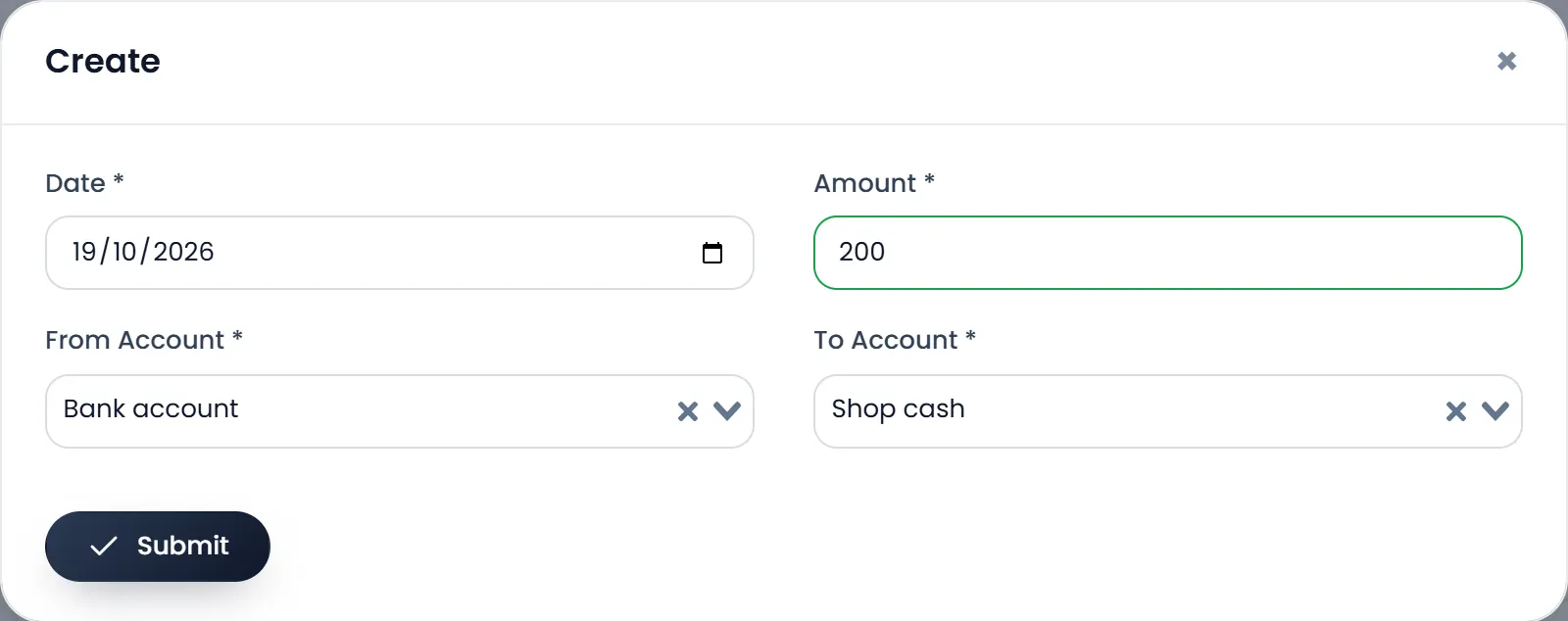 The Create window for a transfer: Date 19/10/2026, Amount 200, From Account Bank account, To Account Shop cash, and Submit.