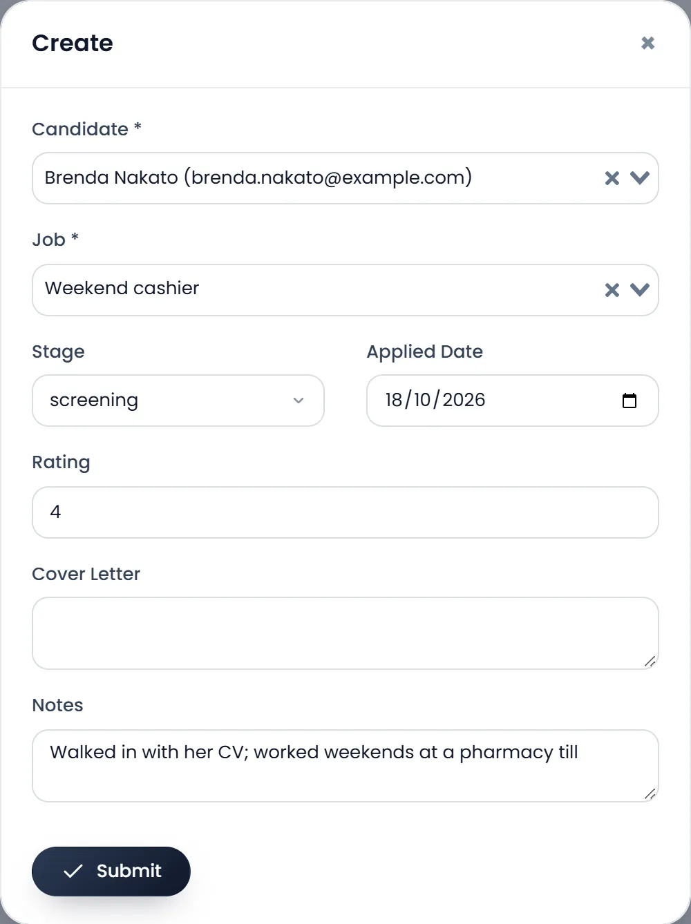 The Create application window: Candidate Brenda Nakato, Job Weekend cashier, Stage screening, Applied Date 18/10/2026, Rating 4, and Notes.