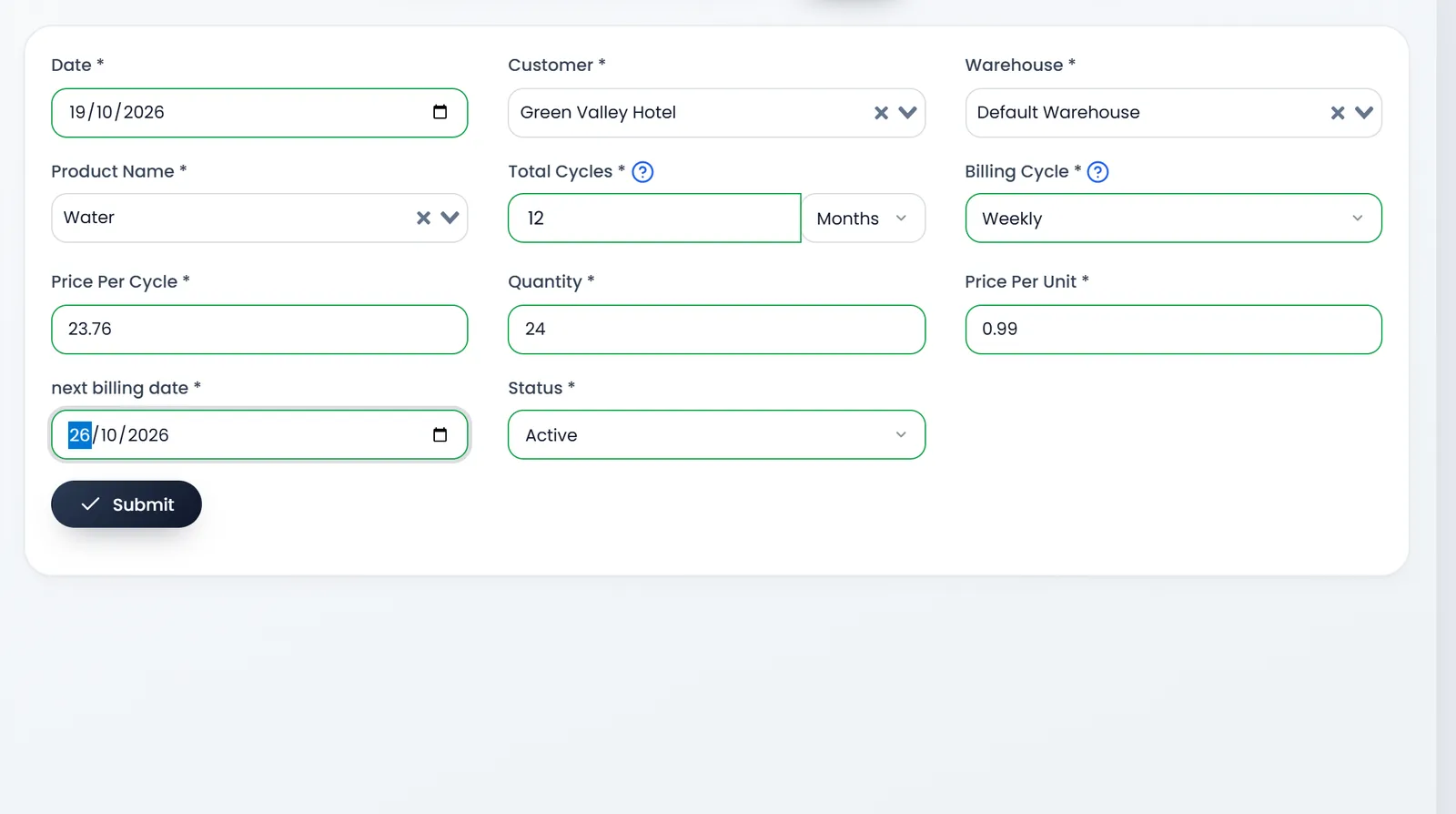The Create Susbscription form filled for Green Valley Hotel at Default Warehouse: Water, Total Cycles 12 Months, Billing Cycle Weekly, Quantity 24, Price Per Unit 0.99, Price Per Cycle 23.76, next billing date 2026-10-26, Status Active.