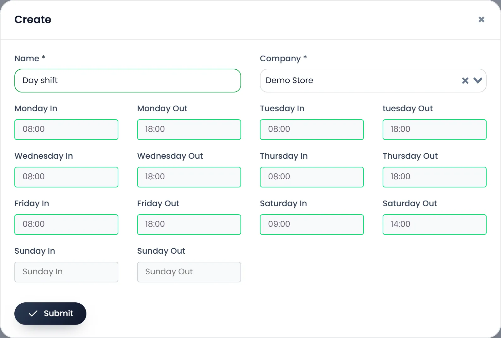 The Create shift window: Name Day shift, Company Demo Store, Monday to Friday In 08:00 and Out 18:00, Saturday 09:00 to 14:00, Sunday empty, and Submit.