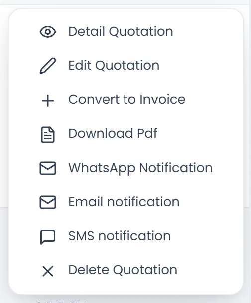 A quotation's menu: Detail Quotation, Edit Quotation, Convert to Invoice, Download Pdf, WhatsApp Notification, Email notification, SMS notification and Delete Quotation.