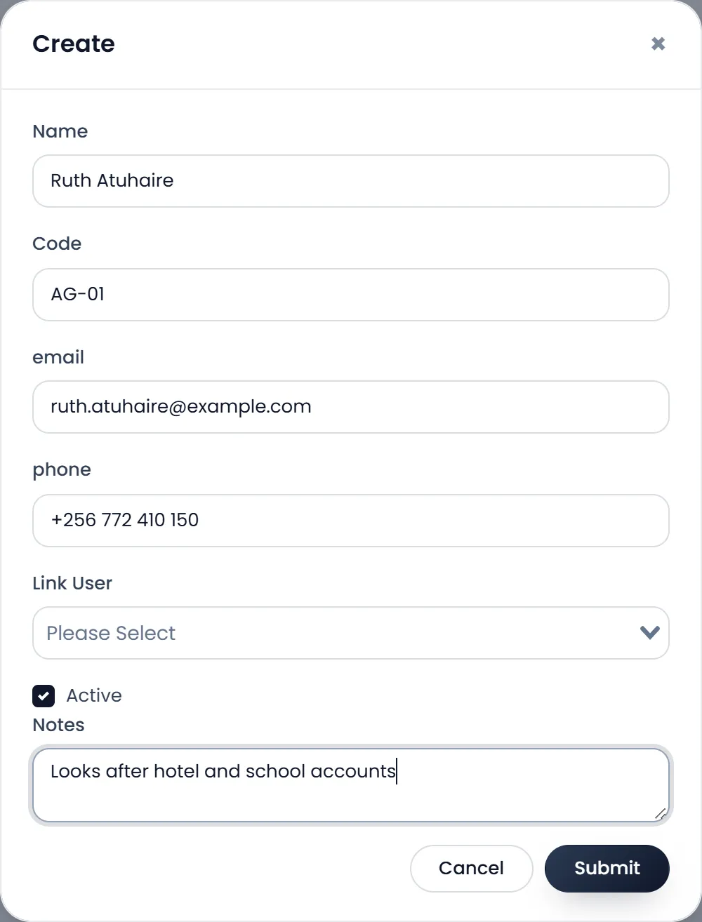The Create agent window: Name Ruth Atuhaire, Code AG-01, email ruth.atuhaire@example.com, phone +256 772 410 150, Link User, Active ticked, Notes, and Submit.